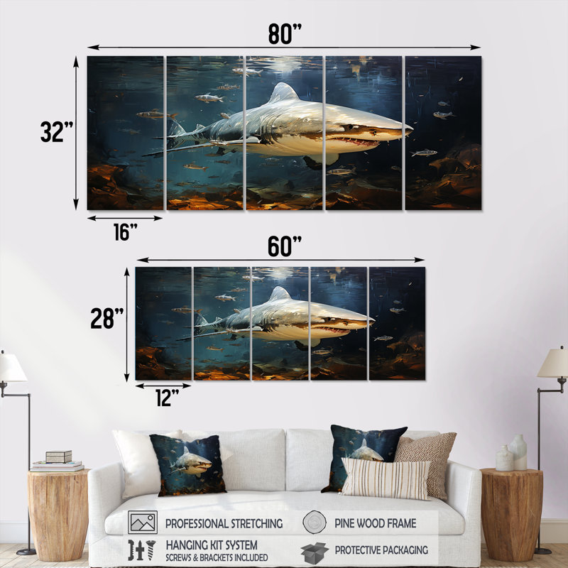 Underwater Shark Attack II - Shark 5 Piece Wall Art For Living Room, 32" H x 80" W
