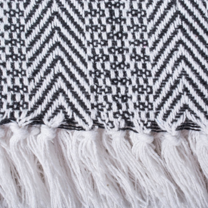 Chic Herringbone Stripe Cotton Throw with Sherpa Backing, 50"x60" - Black