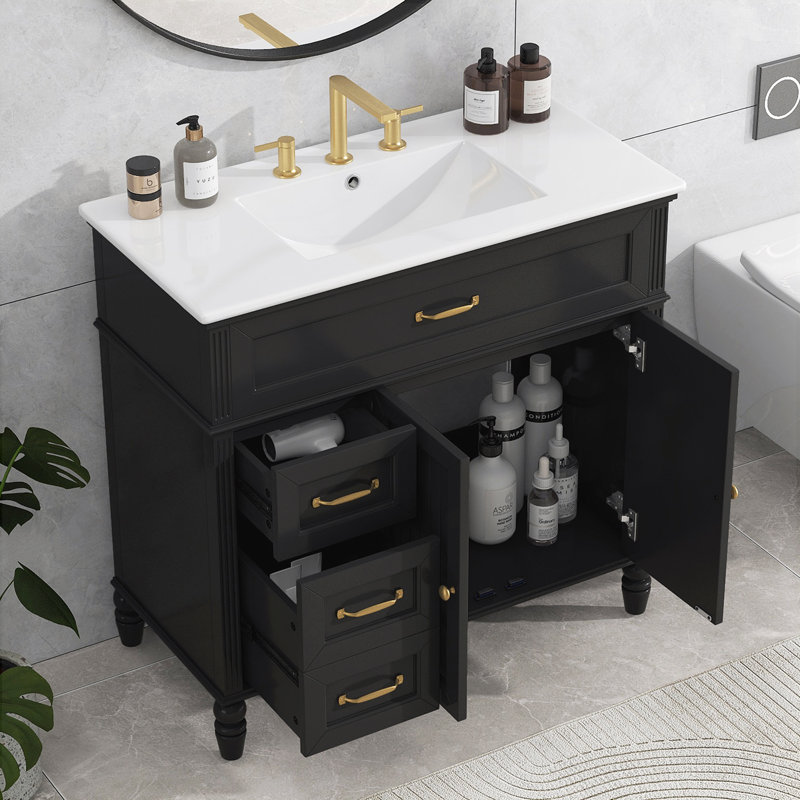 Meuble-lavabo 36 po avec lavabo, Noir, noir, noir, noir, Doré