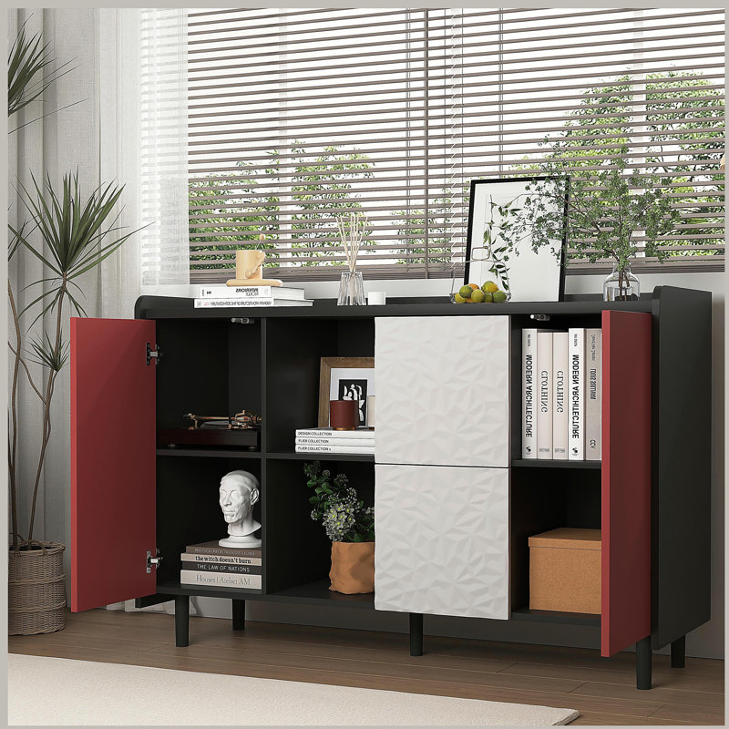 Buffet moderne avec buffet, porte, 2 tiroirs et 2 rangements ouverts, Noir / rouge, H 31,49 po x l 15,74 po x P 47,24 po
