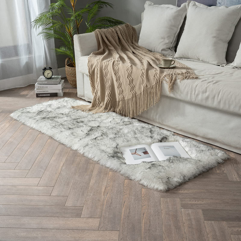 White Shag Faux Sheepskin Fluffy Fur Washable Area Rug with Gray Tip, Runner 2' x 5'