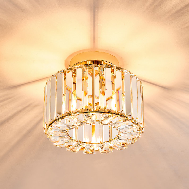 Plafonnier semi-encastré cylindrique en cristal à 1 lumière à intensité variable, Doré, Une lumière