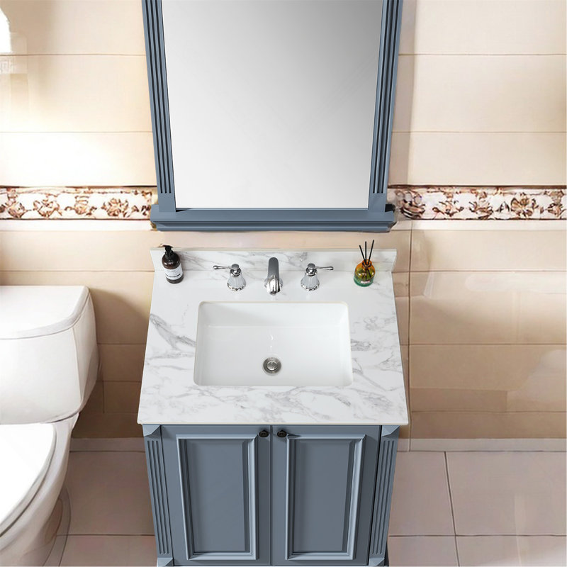 31"X22"Bathroom Vanity Top,Sintered Stone Carra White   Barthroom Vanity Sink Tops With Rectangular Undermount Ceramic Sink With Vanity Backsplash, Three Faucet Hole