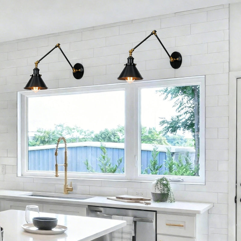 Swing Arm Wall Sconces Metal Light, Hardwired Wall Lamp for Bathroom, Living Room, Kitchen(Set of 2), Black