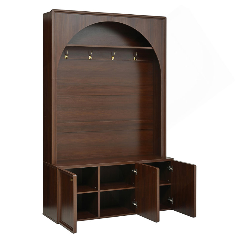 Farmhouse All-in-One Hall Tree with Adjustable Shelves, Retro Arched Entryway Storage Bench with 3 Cabinets and 4 Hooks