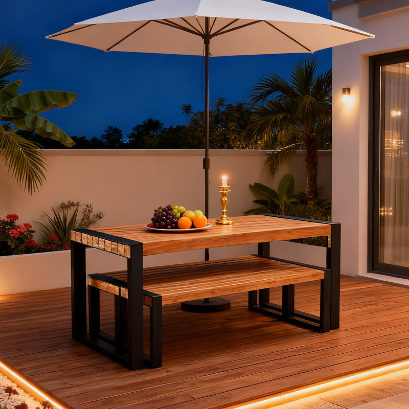  Table de salle à manger 3 pièces avec 2 bancs, plateau en bois d'acacia et structure en acier, pour l'extérieur, l'intérieur et la nature