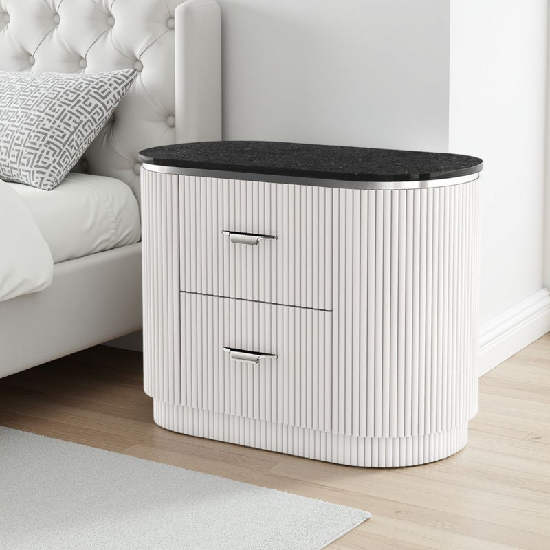 Alda Nightstand W 2 Drawers, Black Stone Top, Light Grey Wood, Silver