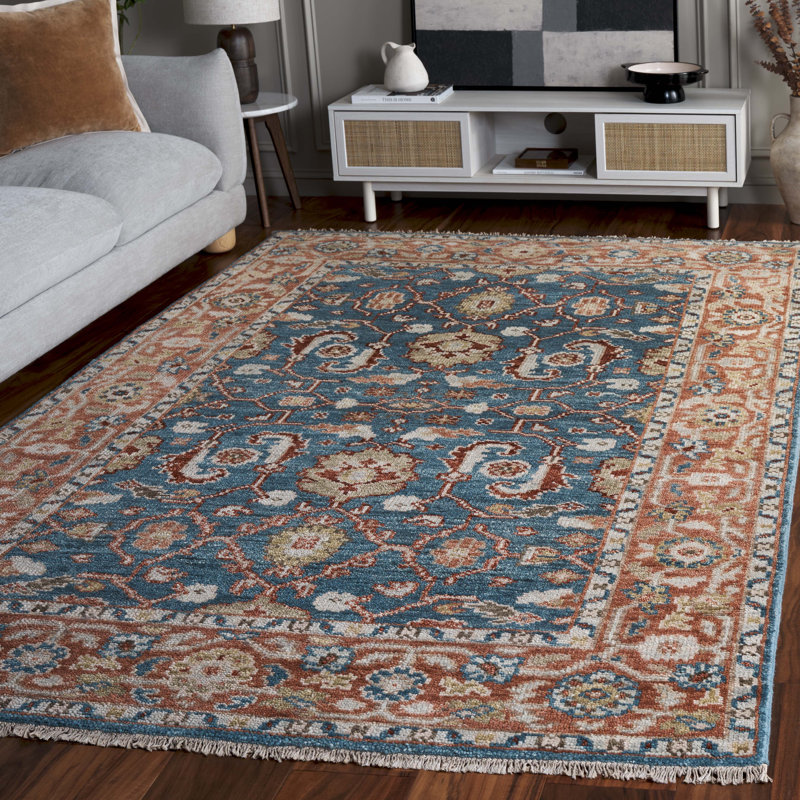 Tapis oriental rectangulaire en laine / coton noué à la main turquoise / rouille / gris, Rectangle 8 pi x 10 pi