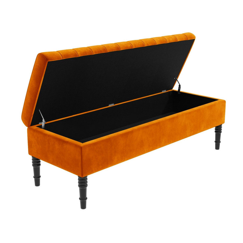 Safar Striped Ottoman Storage Bench – Upholstery Plush Velvet Shoe Bench with Black Turned Wooden Legs, Burnt Orange