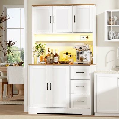 70.8" Kitchen Pantry Cabinet with Charge Station & LED Light, Freestanding Food Pantry with 3 Cabinets, 3 Drawers & Microwave Shelf, Kitchen Hutch Sto