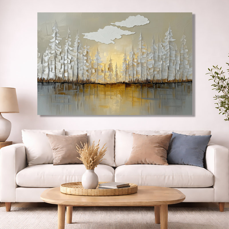 Art mural moderne forêt moderne, toile horizon doré, forêt moderne gris doré, H 40 po x l 60 po, Toile tendue