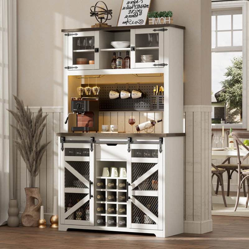 Lavorn 70" Tall Vintage Bar Cabinet with Hutch, Sliding Barn Door, LED Lights, Wine Rack, Outlets, and Pegboard