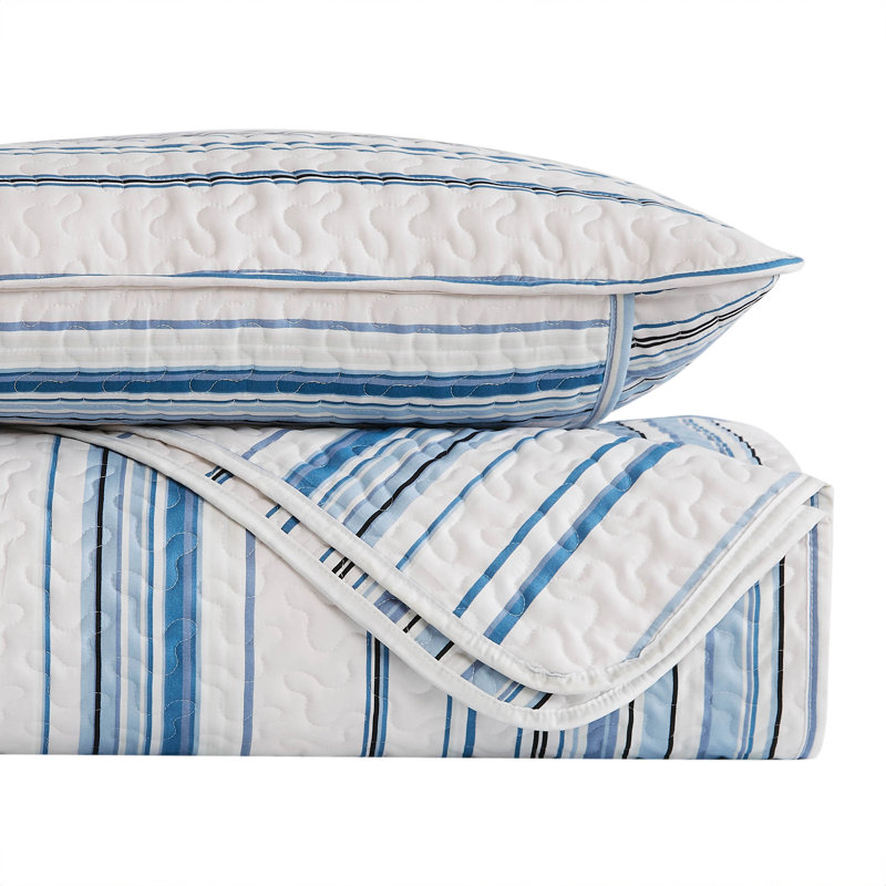 Coastal Stripes Collection Reversible Quilt Set, King Quilt + 2 Standard Shams, Blue