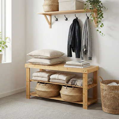 Banc-étagère à chaussures en bois robuste avec siège – Rangement à chaussures en bois à 3 niveaux de 90 cm (35,43 po) – Supporte jusqu'à 130 kg (286 lb) – Idéal pour l'entrée, le vestibule, la chambre ou le salon