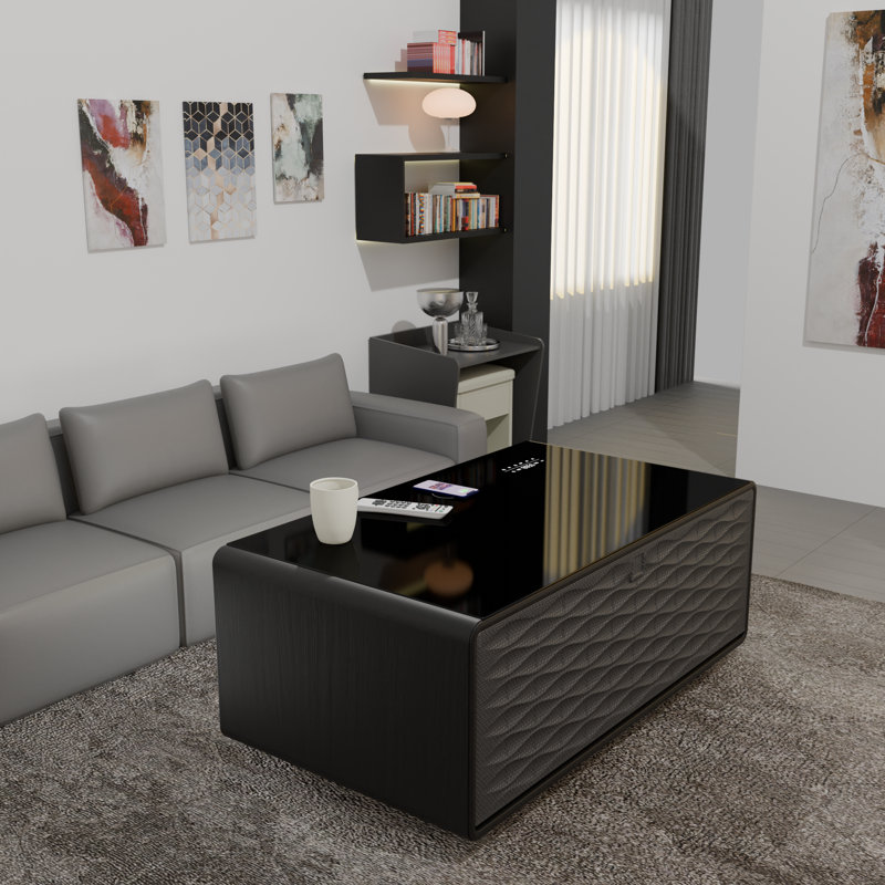 Table basse intelligente avec tiroirs réfrigérés à chargement sans fil et haut-parleurs Bluetooth intégrés, Noir