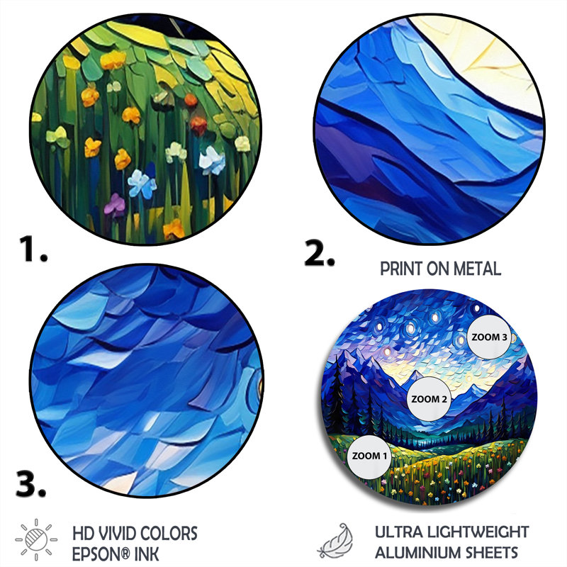 Vangogh nuit étoilée au-dessus des montagnes - paysages d'art rond en métal, H 23 po x l 23 po