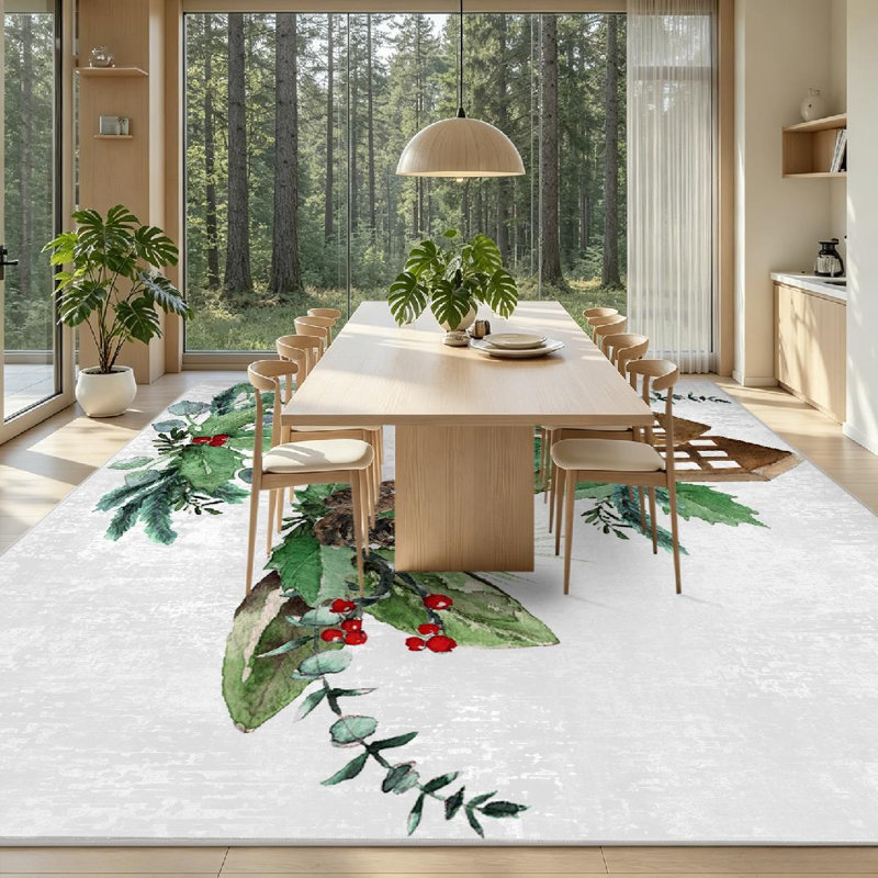 Tapis rouge lavable à la machine, branches de Noël et feuilles d'intérieur, Rectangle 71 po x 98 po