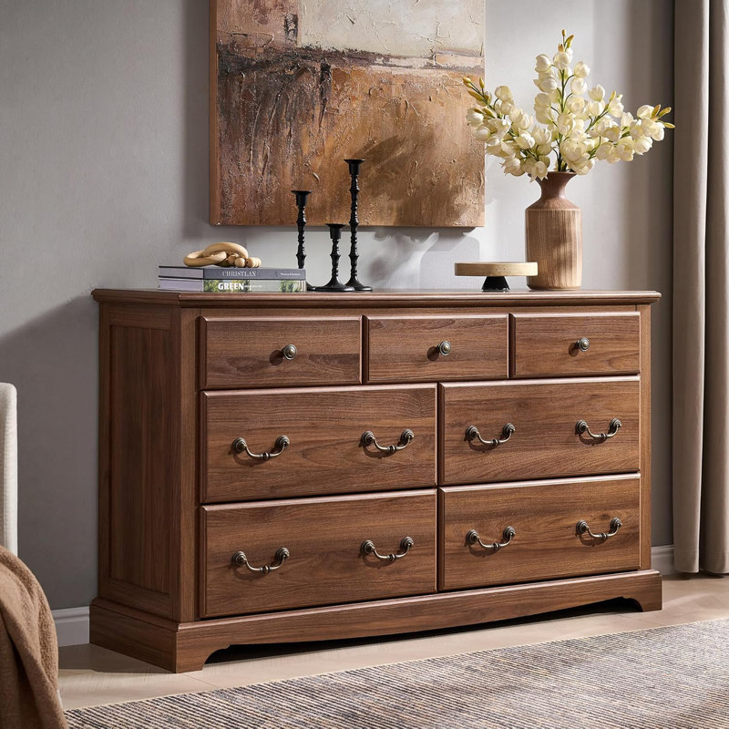 Fariah 54''W  Vintage 7 - Drawers Dresser Organizer, Wood Rustic Wide Chest of Drawers, Light Walnut