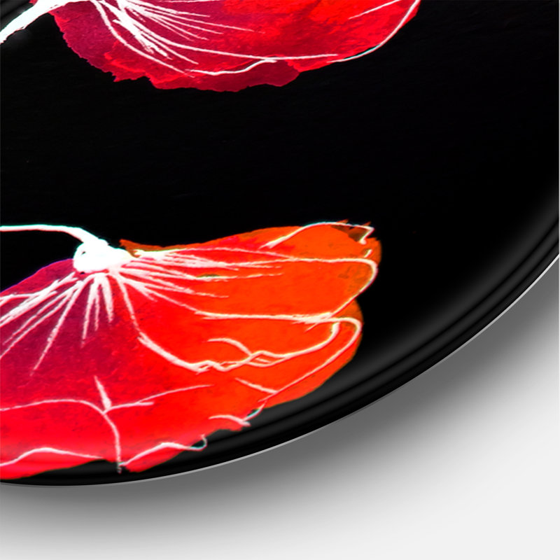 Abstrait fleur rouge sur fond noir II - art mural traditionnel cercle en métal, H 36 po x l 36 po x P 1 po