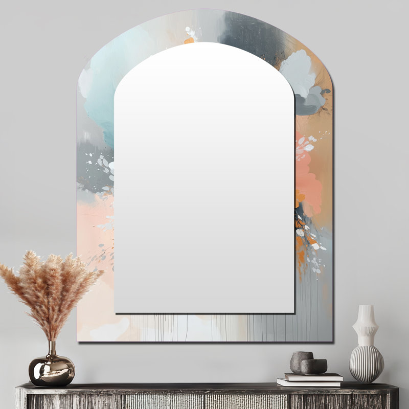 White Brushstroke Floral Abstract Painting II - Poppies Asymmetrical Decorative Wall Mirror, Traditional Arch Mirror, Printed Metal Art