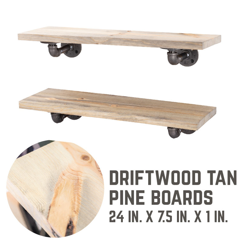 Ternes 2 Piece Pine Industrial Pipe Shelves, Driftwood Tan
