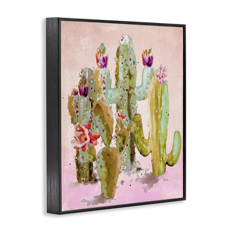 Cactus floraux amusants, estampe numérique par Patricia Pinto, H 14 po x l 11 po, Giclée encadrée noir minuit