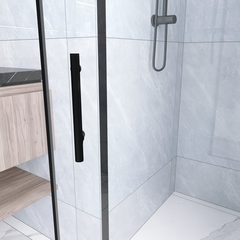 28 .In W X 72 .In H  Half  Frame,Pivot Shower Door  With 1/4 Inch Thick Clear Tempered Glass  In Matte Black  |Aluminum Frame | Stainless Steel Handle
