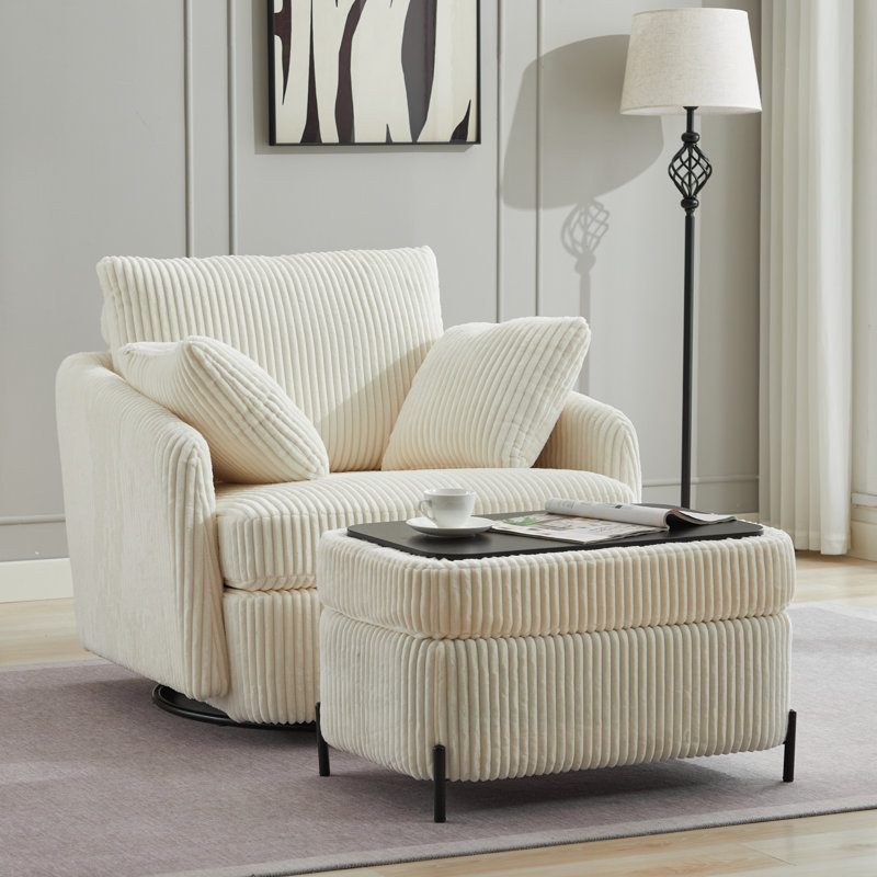 40.6'' Wide Swivel Barrel Chair and Storage Ottoman, Ivory Polyester