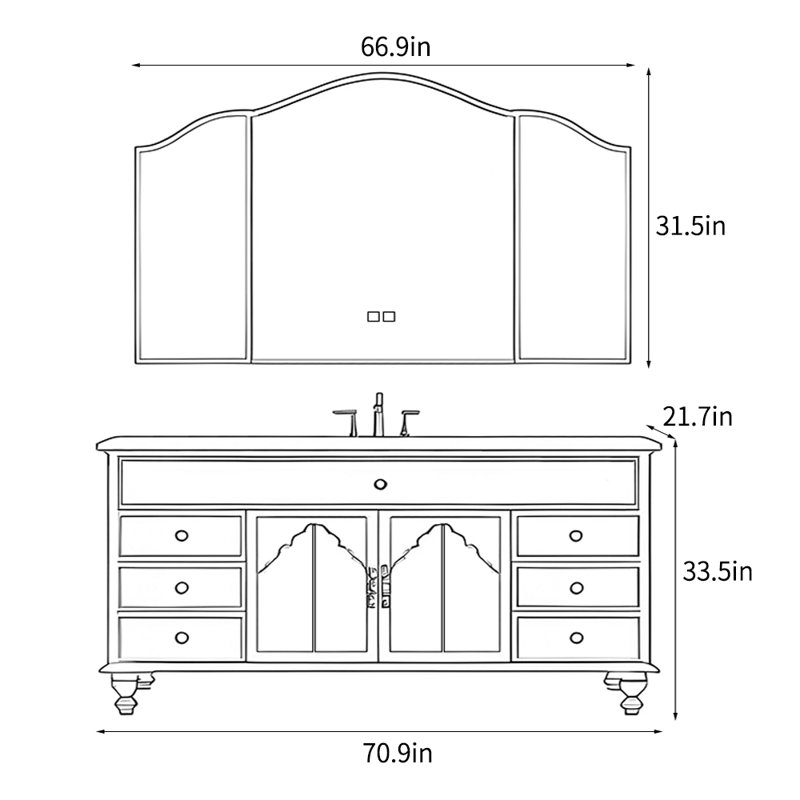 Meuble-lavabo de style rétro français, Blanc, H 33,5 po x l 70,9 po x P 21,7 po