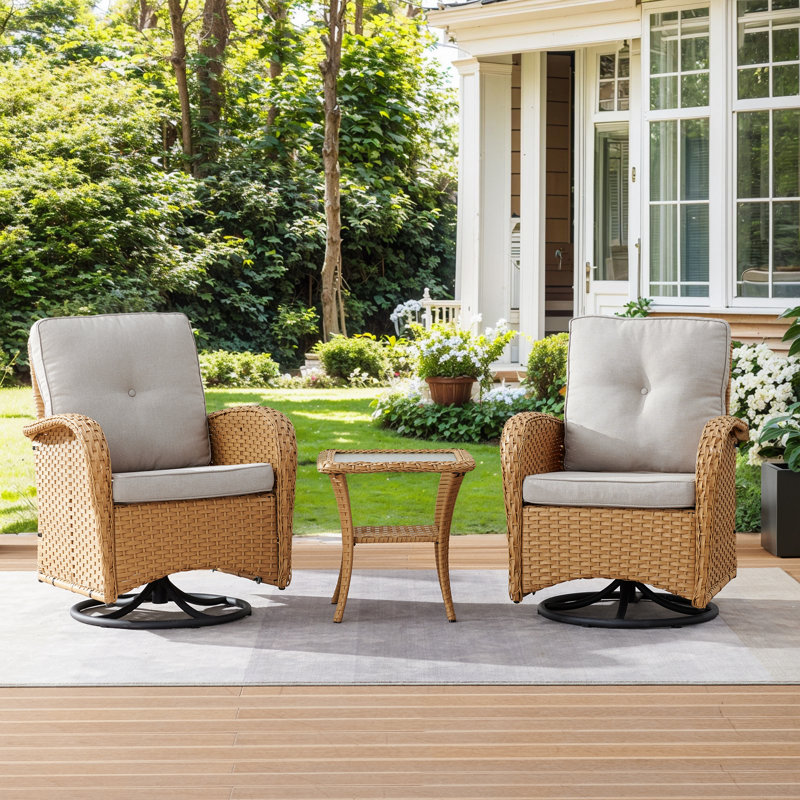 Ensemble de meubles de patio 3 pièces Valierius avec coussins et table d'appoint en osier, Beige, Jaune