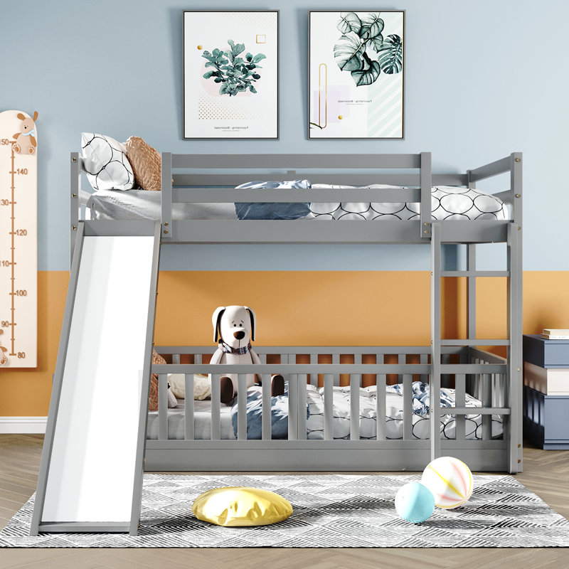 Lit superposé simple au-dessus de simple avec glissoire et échelle, Gris