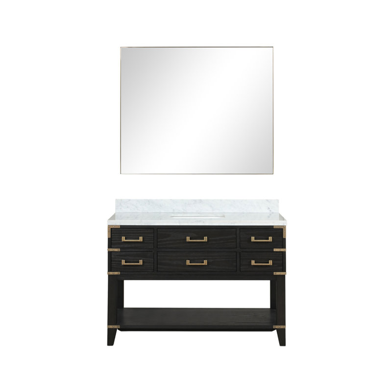 Meuble-lavabo simple en chêne noir 48 po X P 22 po D, plateau en marbre de Carrare et Miroir, Noir / Carrare