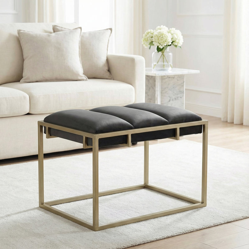 Joshi  Ottoman 20", Gray Velvet and Champagne Gold Metal