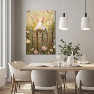2D Flat, 1Pc Framed Canvas Wall Art, White Rabbit, Garden Flowers, Impressionist Oil Painting Style Art Print Canvas Poster Painting Room Wall Decor,