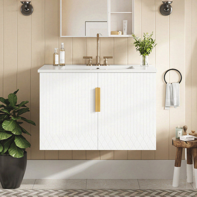 Meuble-lavabo de salle de bain vintage 30 po avec lavabo en céramique à 3 trous, meuble-lavabo de salle de bain avec 2 portes à fermeture douce