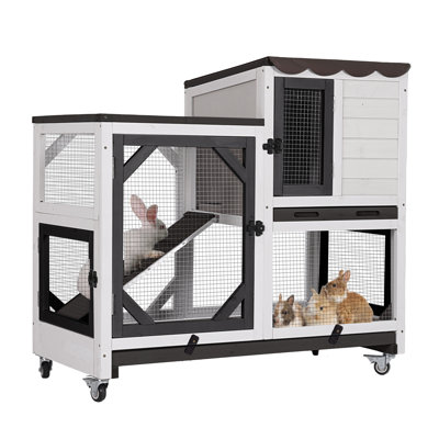 Rabbit Cage Indoor Outdoor Bunny Hutch On Wheels, 2 Story Wood Guinea Pig Cages With 2 Deeper Pull Out Trays