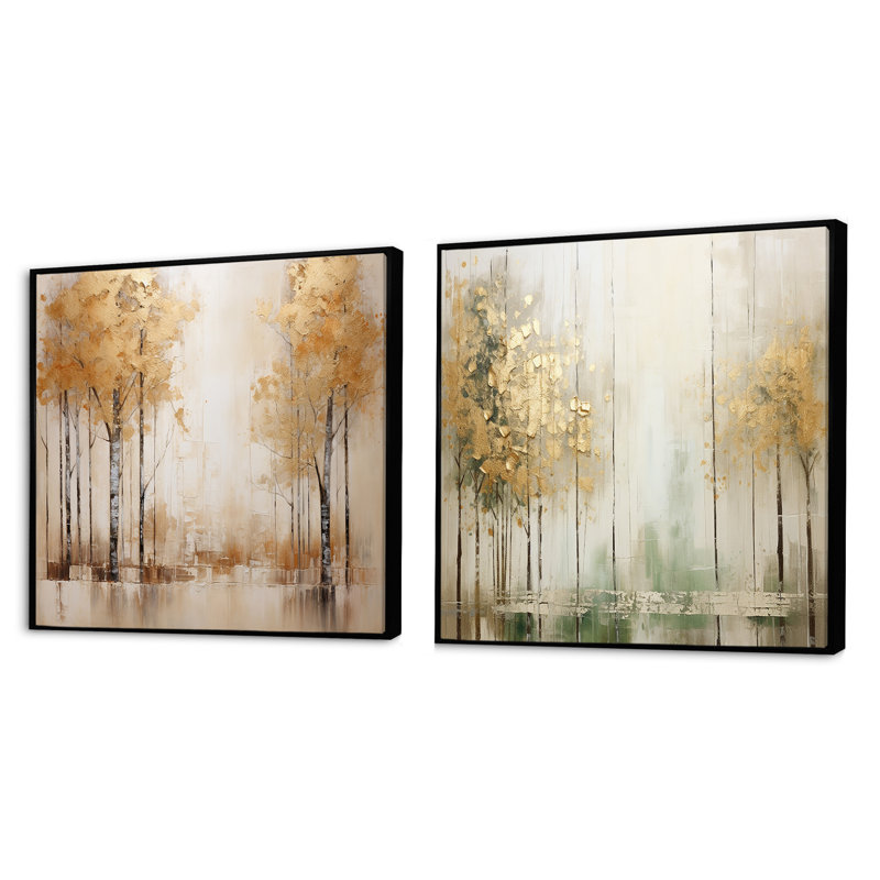Minimalisme - Ensemble de 2 collages carrés forêt et or, Cadre flottant noir, H 36 po x l 73 po