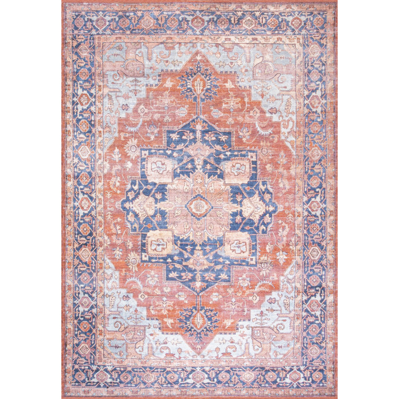 Ville Ornate Medallion Machine-Washable Terracotta/Navy Rug, Rectangle 2'11" x 5'