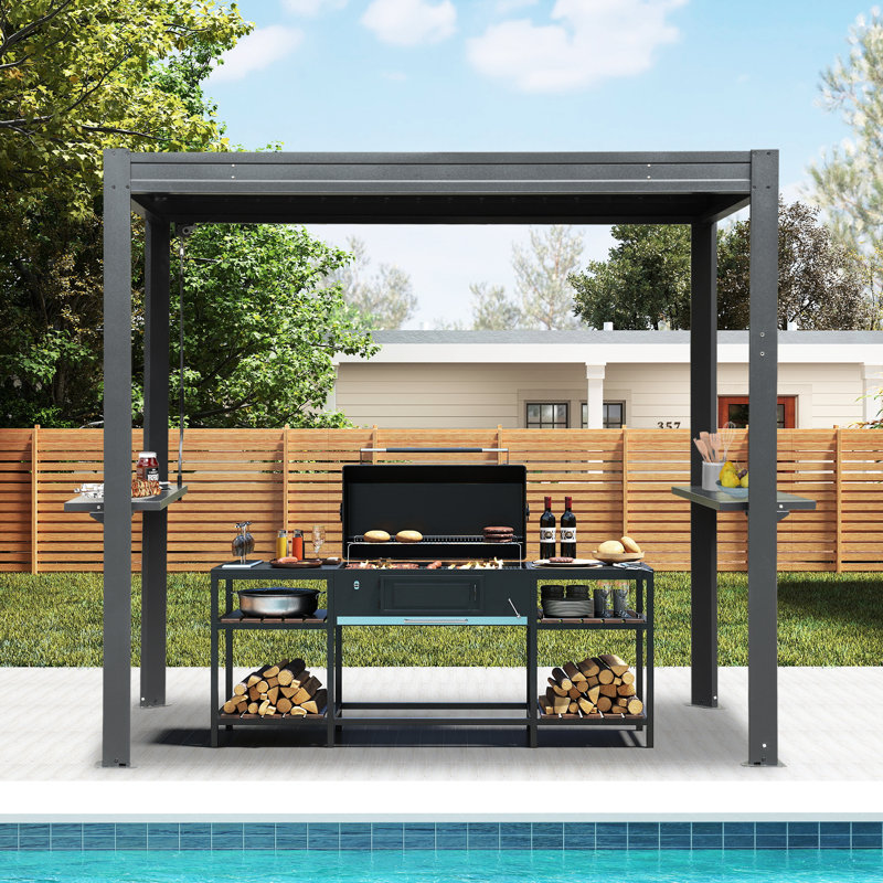Ensemble de pergola grillagée en aluminium 5 x 8 pi - Toit à persiennes réglable avec tables de bar d'extérieur, Gris