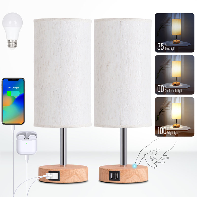Ensemble de 2 lampes de table de chevet modernes avec ports de charge USB, Brown