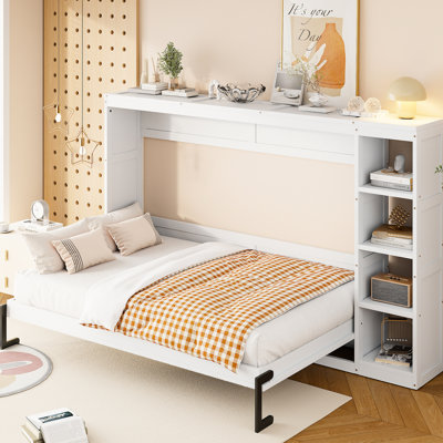 Lit simple blanc avec étagère de rangement et élément d'économie d'espace
