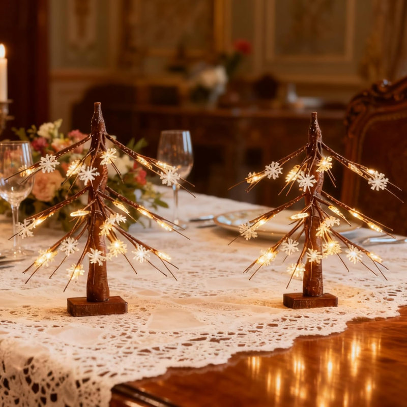 Brown Birch LED Tabletop Money Tree with Snowflake Decorations, Battery-Powered Timer for Indoor Christmas Decor