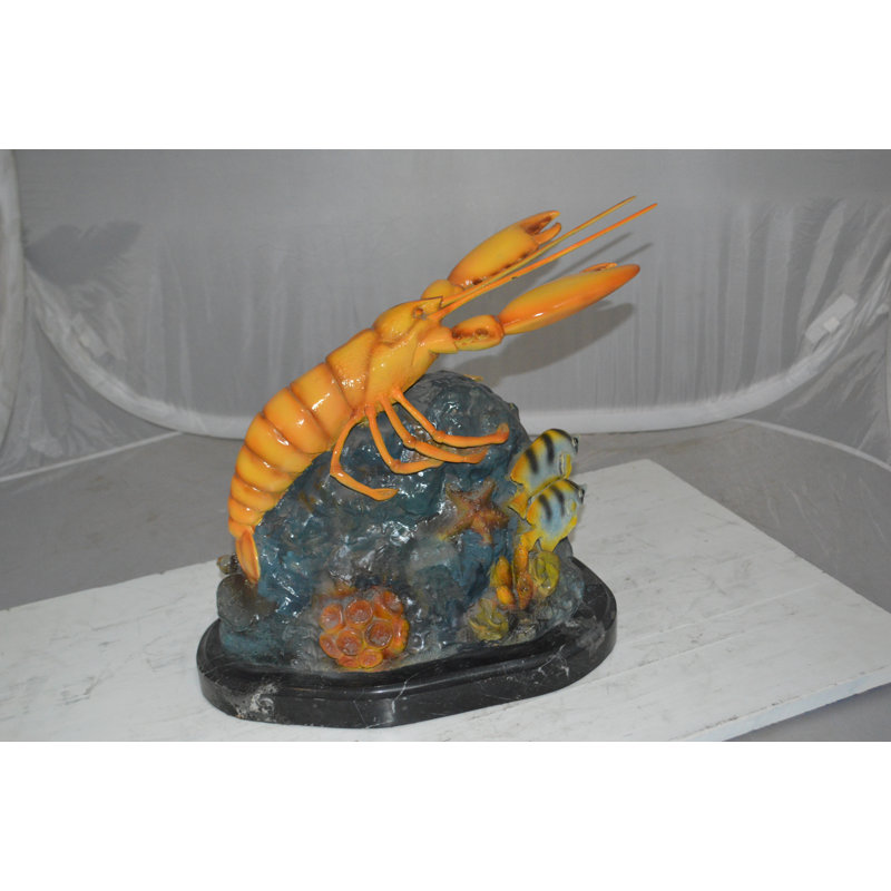 Statue bronze homard avec poisson - Taille: L 9 po x l 18 po x H 16 po.