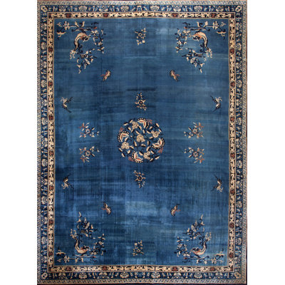 Antique Oversized Blue Colour Chinese Medallion Pattern Knotted Pile Rug