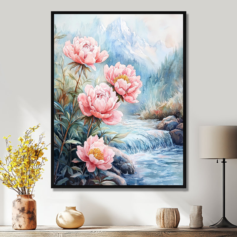 Gitza, pivoines d'hiver et rivière Glacier II - pivoines, reproductions encadrées, H 20 po x l 12 po, Noir