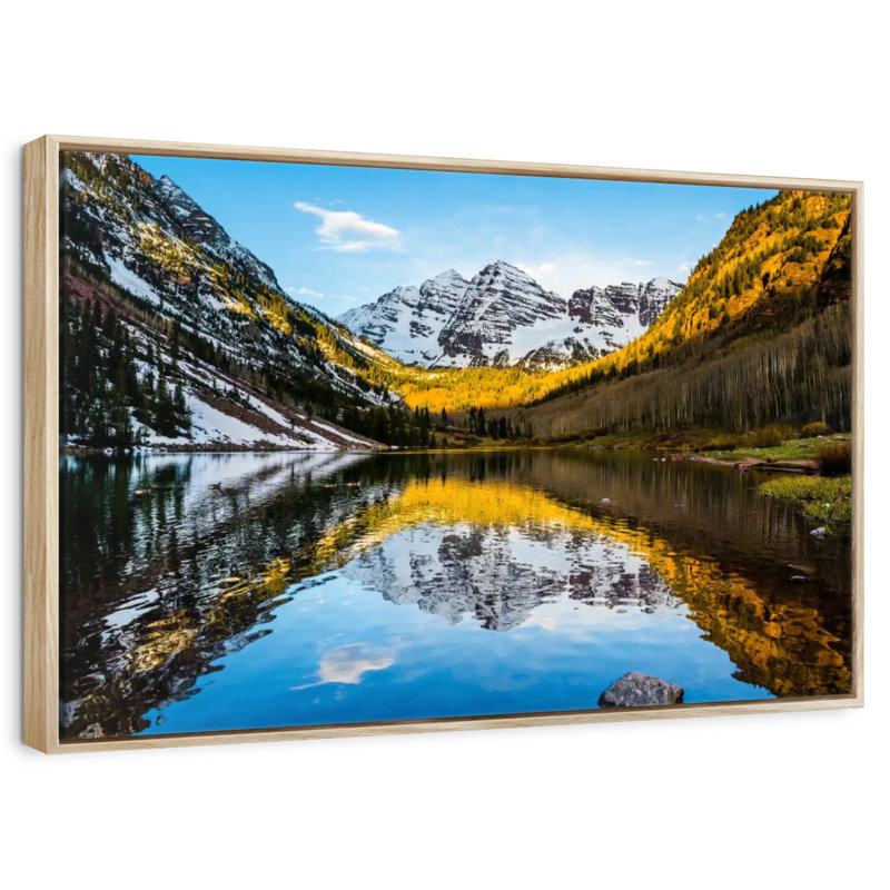 Scène de montagne Maroon Bells, Cadre flottant en bois naturel, 37 po x 25 po