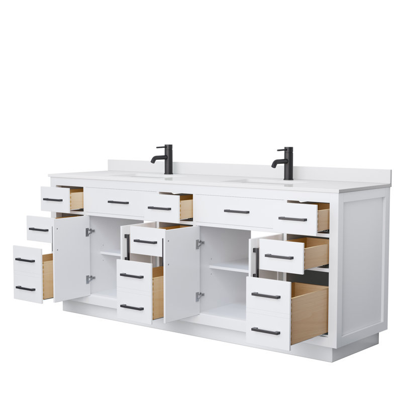 Beckett TK 84'' W Double Vanity, White Cultured Marble, Matte Black, White