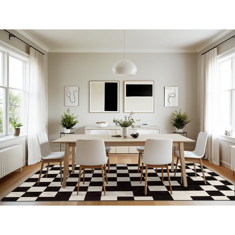 Tapis damier noir lavable à la machine, Rectangle 7 pi x 10 pi