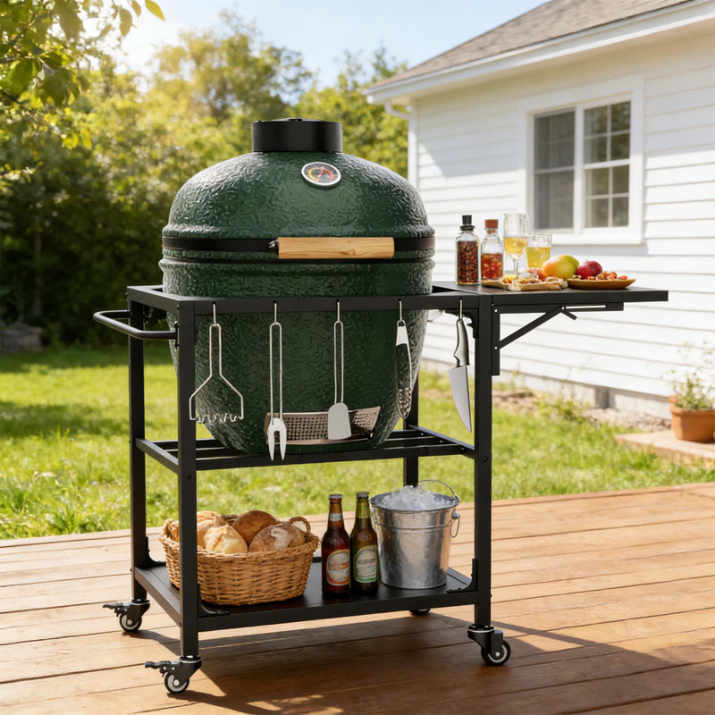 Table de chariot en métal robuste compatible avec un support de gril Kamado de 21 à 26 pouces avec des roues verrouillables, un espace de travail pliable, une tablette de rangement, des crochets et une housse centrale amovible
