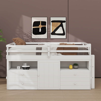 Practical Twin-Sized Loft Bed With 4 Drawers, Shelving